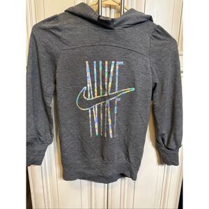 Nike Girls Holographic Swoosh Logo Print Pullover Hoodie Heather Gray Sz Medium